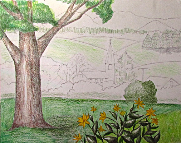 Klug-Berninger Irmtraud, Obernburg River Landscape, 1983, Colored Pencil  for sale at Pamono