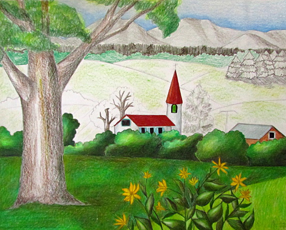 My ArtVenture: Colour Pencil art (A view of the beauty of the village)💝 —  Steemit