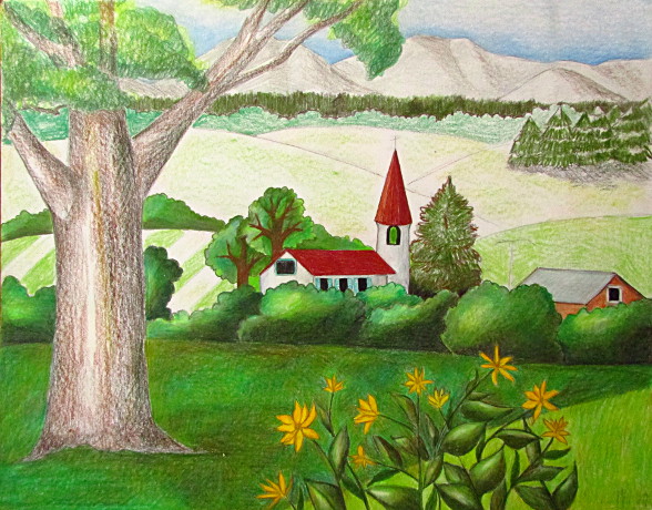 house easy landscape color pencil drawing