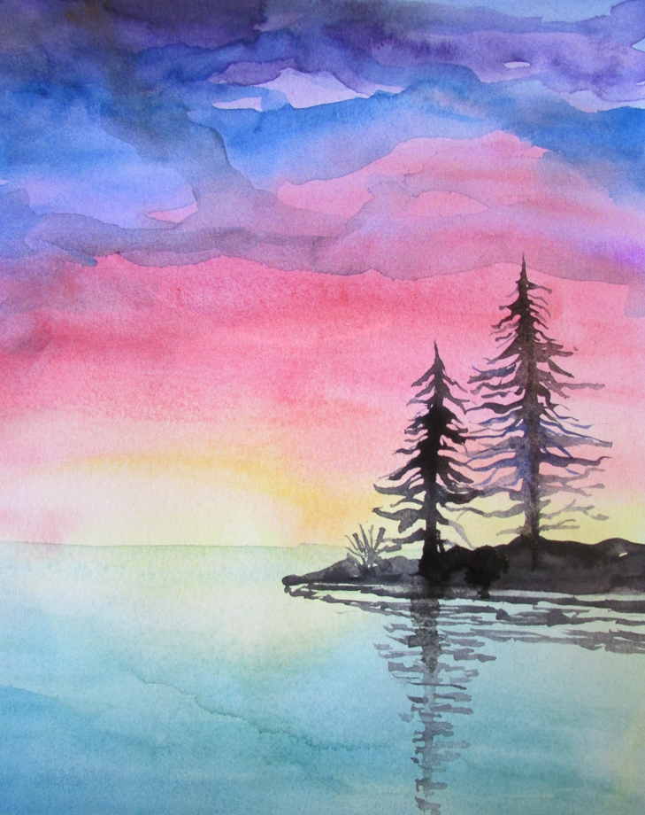 Pure Original Drawing Cartoon Watercolor Painting Sunset Trees Background  Backgrounds | PSD Free Download - Pikbest
